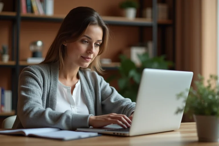 Femme achetant des médicaments en ligne sur un ordinateur portable depuis son bureau à domicile