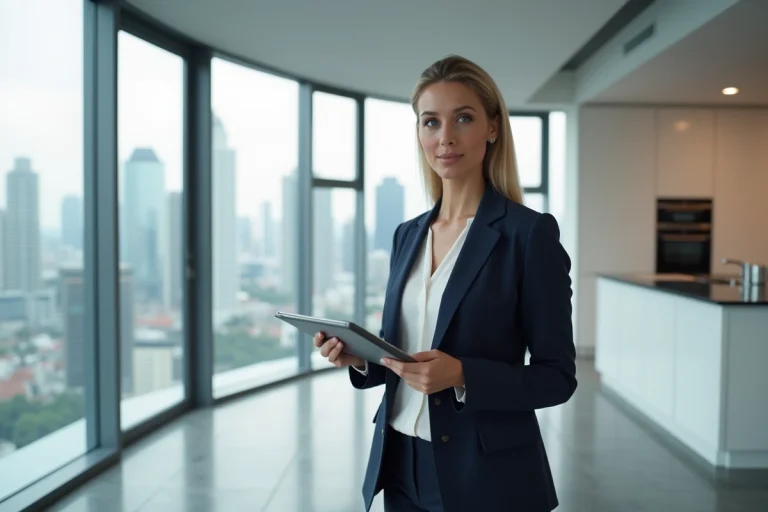 Agent immobilière tenant une tablette avec des plans d'appartement dans un appartement moderne avec vue sur la ville