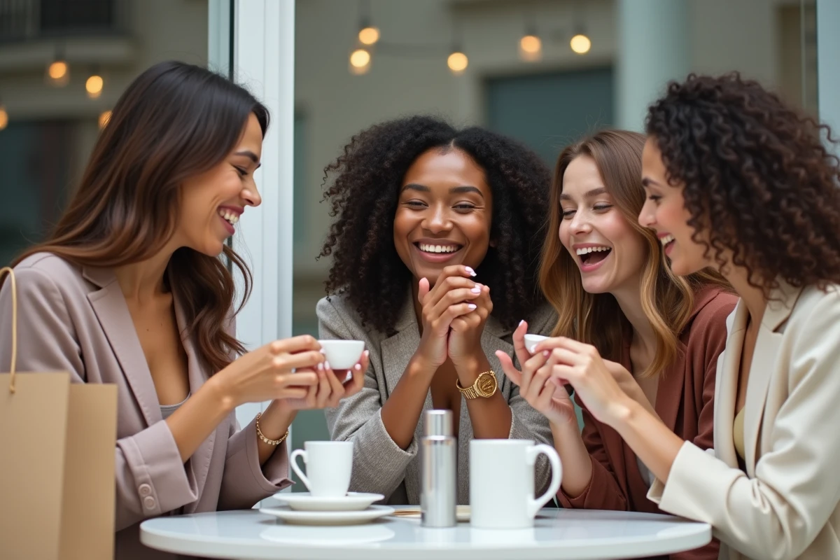 Amis testant crèmes de soin au café lumineux