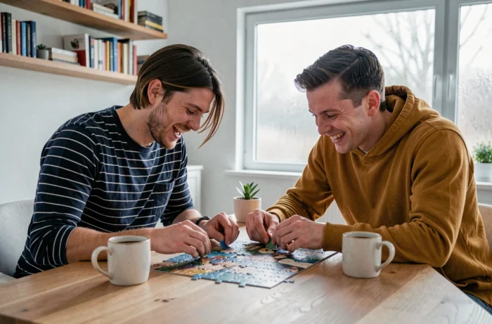 Deux amis assemblant un puzzle ensemble dans un appartement moderne, idée de loisir convivial en intérieur