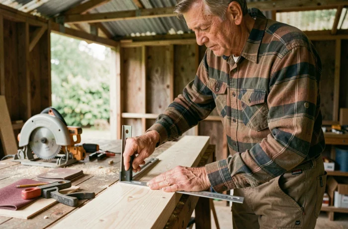 Artisan bricoleur prenant des mesures précises sur une planche de bois avec une équerre dans un atelier extérieur