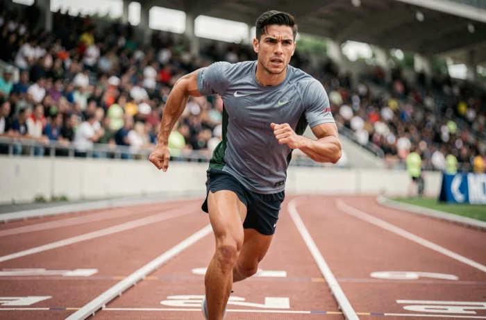 Athlète masculin sprintant sur une piste d'athlétisme professionnelle avec un stade en arrière-plan flou