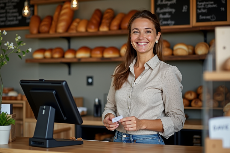 Femme boulangère souriante derrière le comptoir dans une boulangerie chaleureuse