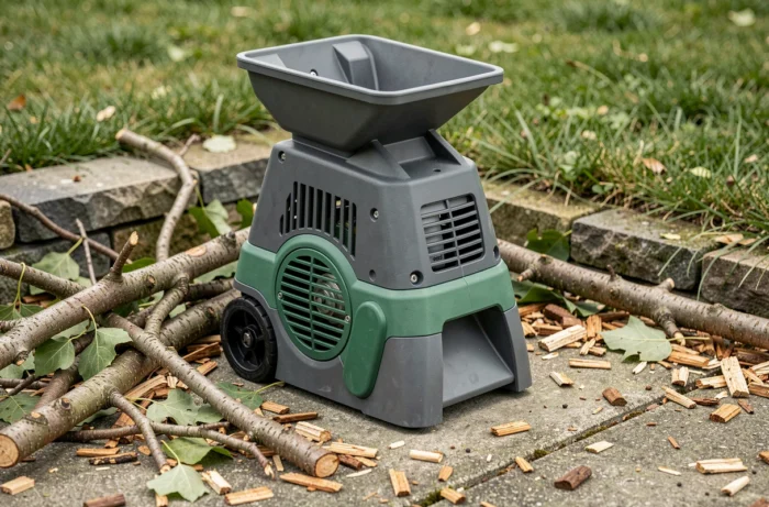 Broyeur de végétaux électrique sur un chemin de jardin entouré de branchages et copeaux de bois
