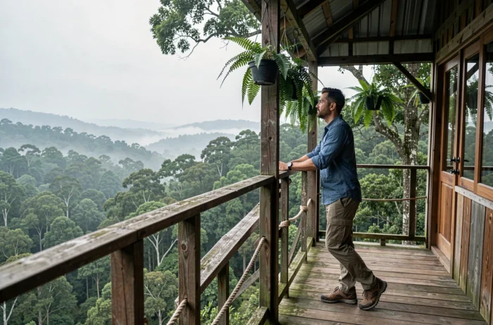 Homme sur la terrasse en bois d'une cabane dans les arbres avec vue sur une forêt dense pour un hébergement alternatif nature