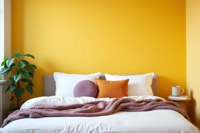 Chambre avec mur jaune citron et linge de lit blanc associé à des coussins mauve et terracotta en décoration complémentaire