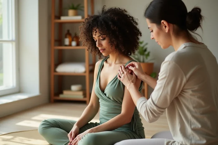 Deux femmes pratiquant une méthode naturelle avec compresse herbale pour réduire un lipome à la maison dans un espace bien-être
