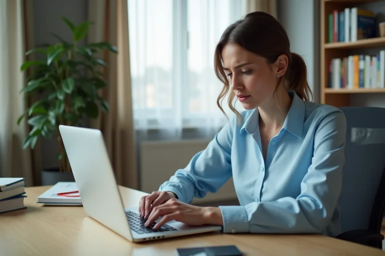 Femme assise à son bureau essayant de se connecter à la messagerie académique de Versailles sur un ordinateur portable