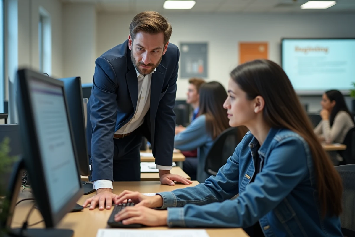 Conseiller professionnel aidant un étudiant au centre d