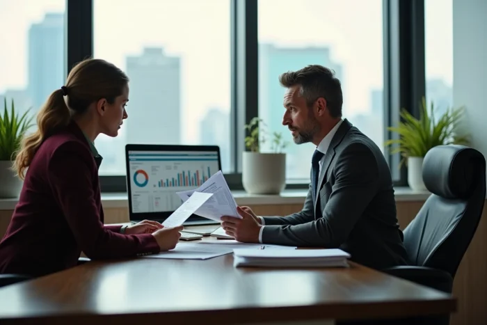 Conseiller financier et cheffe d'entreprise analysant des rapports de performance dans un bureau de conseil contemporain