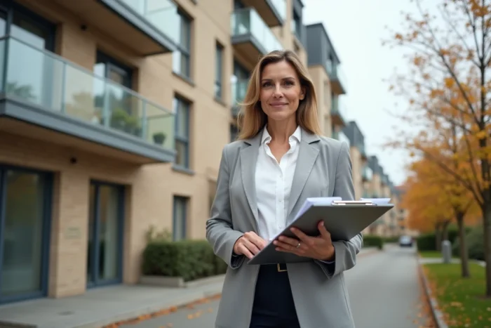 Conseillère en gestion immobilière devant un immeuble résidentiel éligible à la prolongation du Scellier classique