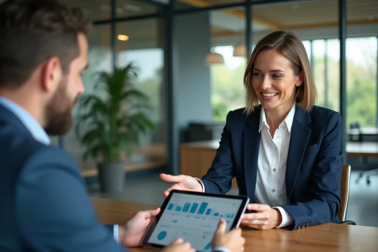 Consultante professionnelle présentant des stratégies de gestion d'entreprise sur tablette numérique lors d'une réunion de conseil