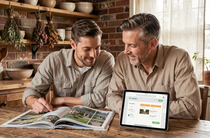 Couple parcourant un magazine de décoration et un site web de conseils jardin dans une cuisine campagnarde
