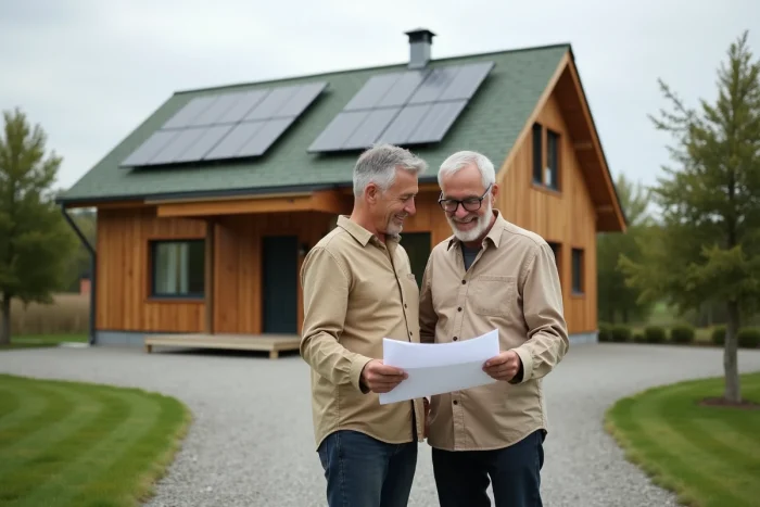 Couple examinant des plans devant une maison écologique neuve avec panneaux solaires et toiture végétalisée