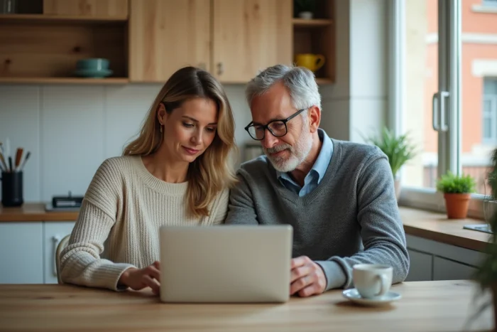 Couple de propriétaires analysant leur stratégie de prolongation fiscale Scellier sur ordinateur portable à domicile