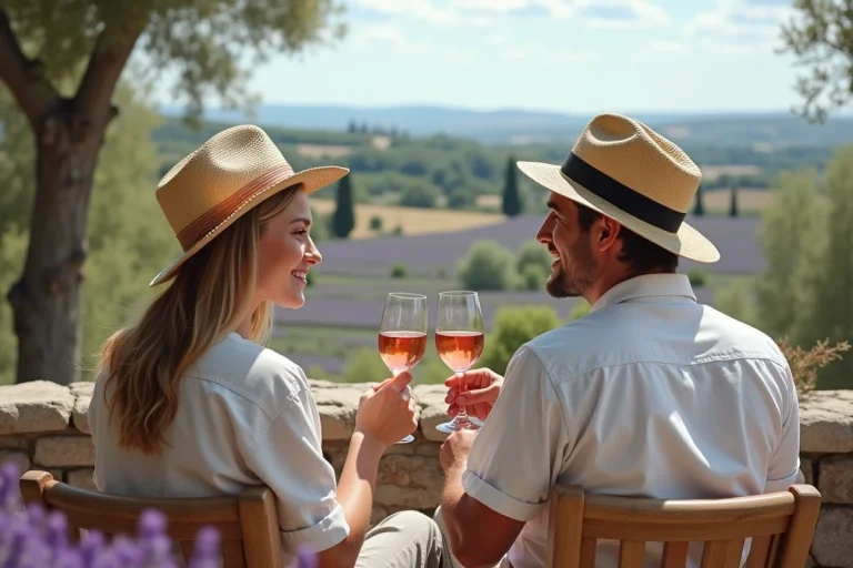 Jeune couple souriant avec verre de rosé en Provence