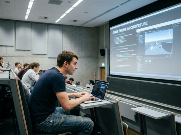 Étudiant en développement de jeux vidéo prenant des notes en cours magistral dans une école spécialisée