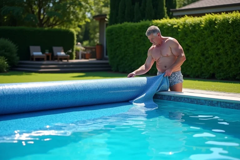 Homme d'âge moyen déployant une couverture solaire de piscine dans un jardin