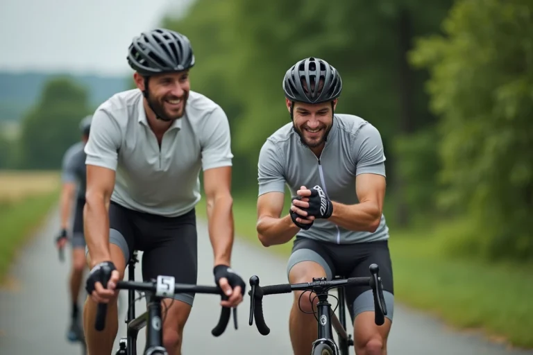 Homme souriant vérifiant son dossard avant course cycliste