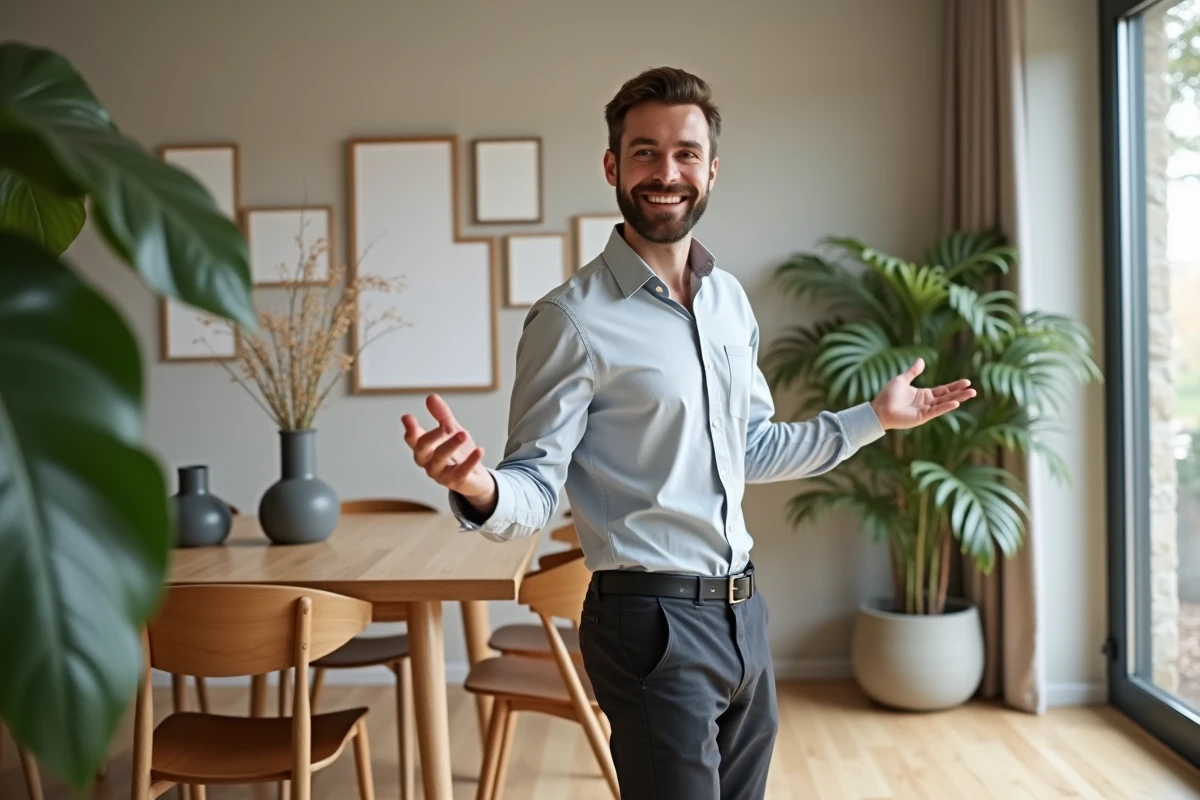Jeune decorateur montrant un espace de repas stylé