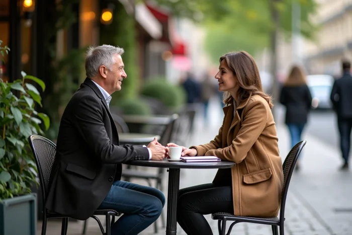 Deux professionnels en discussion autour d'un café pour un échange de développement personnel et professionnel