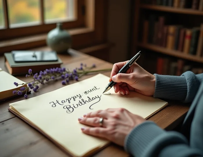Mains d'une personne âgée écrivant un message d'anniversaire manuscrit pour les 70 ans sur du papier crème avec un stylo plume