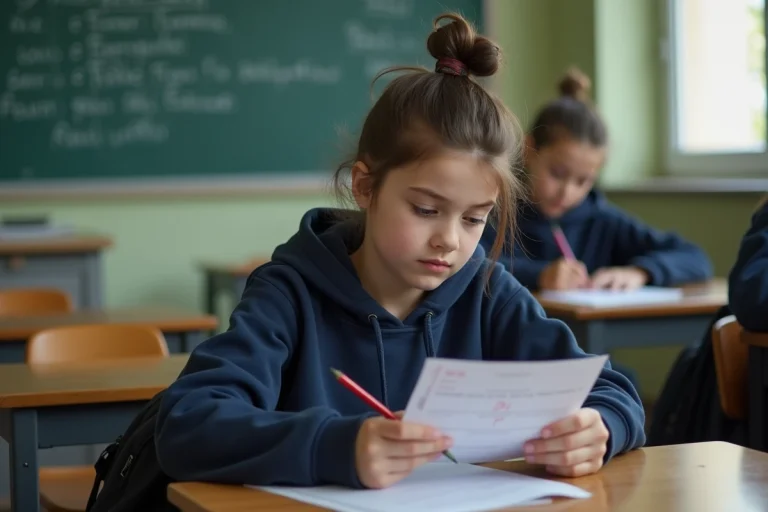 Élève de 5e en France regardant ses notes sur une copie corrigée dans une salle de classe
