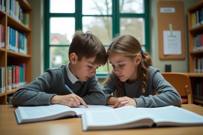 Deux élèves de 5e comparant leurs bulletins de notes dans une bibliothèque scolaire