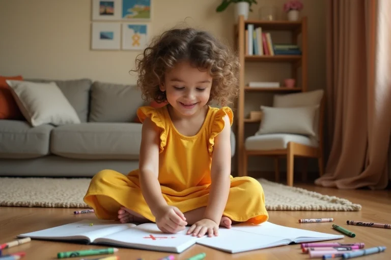 Jeune fille concentrée dessinant sur le sol d'un salon chaleureux, entourée de crayons de couleur et de carnets de dessin ouverts