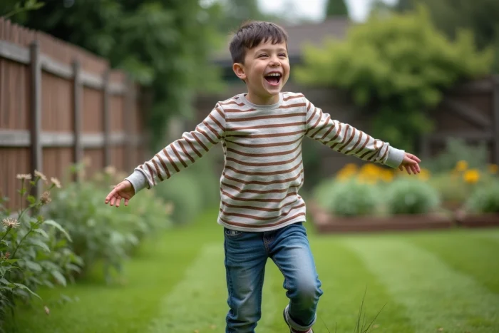 Garçon souriant jouant librement dans un jardin verdoyant, exprimant joie et épanouissement au quotidien en plein air