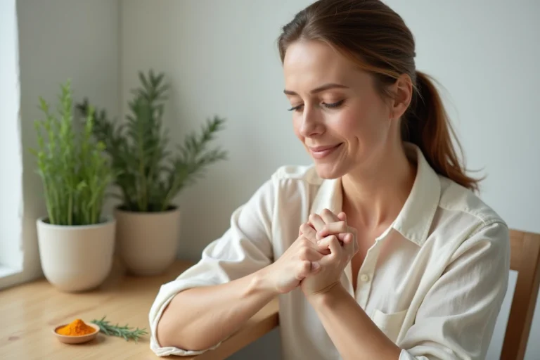 Femme examinant un lipome sur son avant-bras avec une approche naturelle et apaisante à domicile