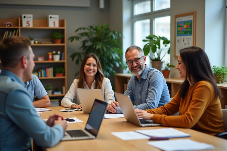 Groupe d'enseignants divers en réunion dans une salle moderne