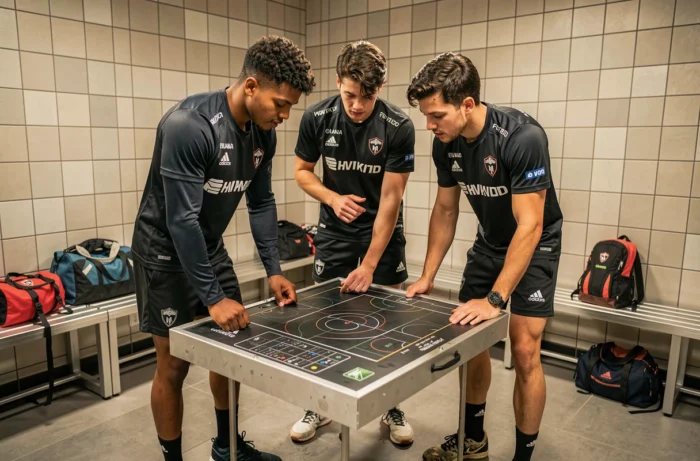 Groupe d'athlètes mixtes discutant d'une stratégie tactique dans un vestiaire sportif moderne