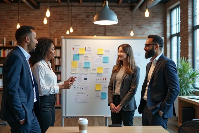 Équipe de professionnels collaborant sur un tableau de planification stratégique dans un espace de coworking moderne