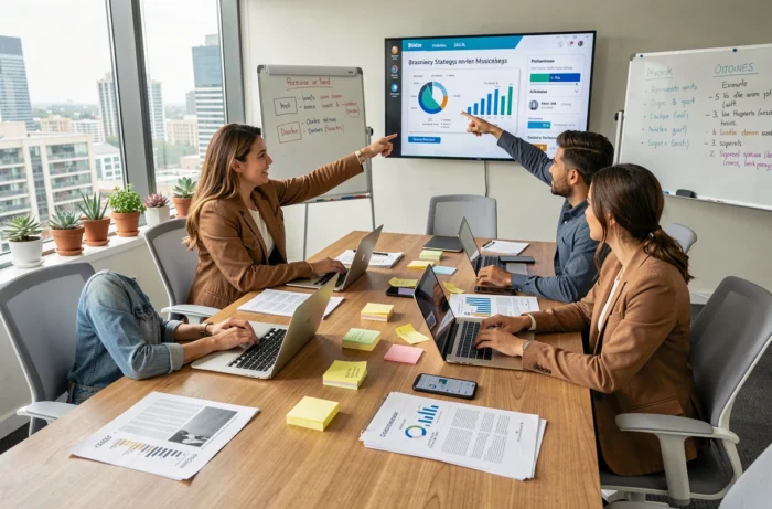 Équipe de professionnels discutant des stratégies de business en ligne autour d'une table de réunion moderne