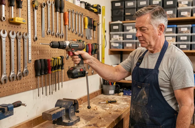 Bricoleur expérimenté choisissant une perceuse parmi un assortiment d'outils bien rangés dans un atelier de bricolage à domicile