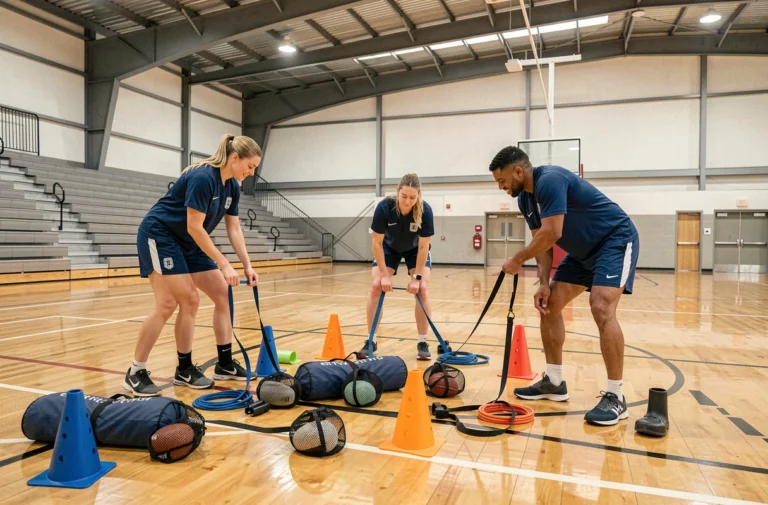 Groupe d'athlètes adultes organisant du matériel sportif professionnel dans un gymnase municipal moderne