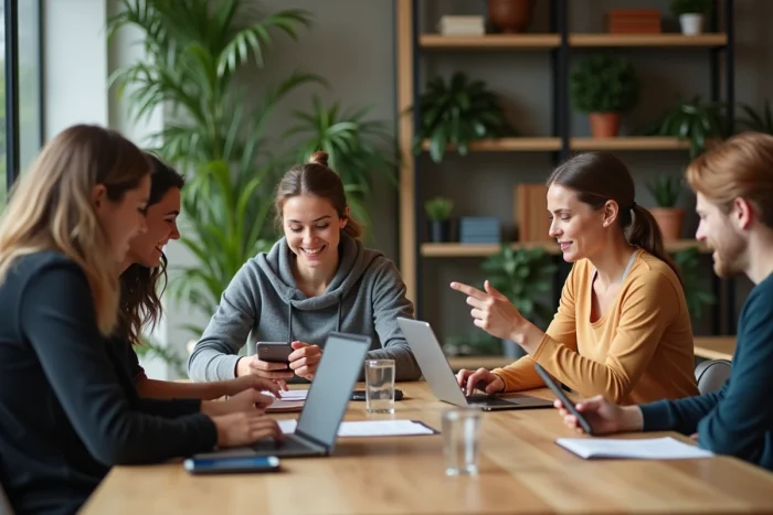 Groupe d adultes en coworking avec appareils numériques et sport