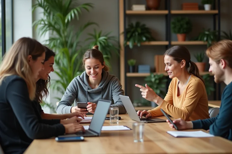 Groupe d adultes en coworking avec appareils numériques et sport
