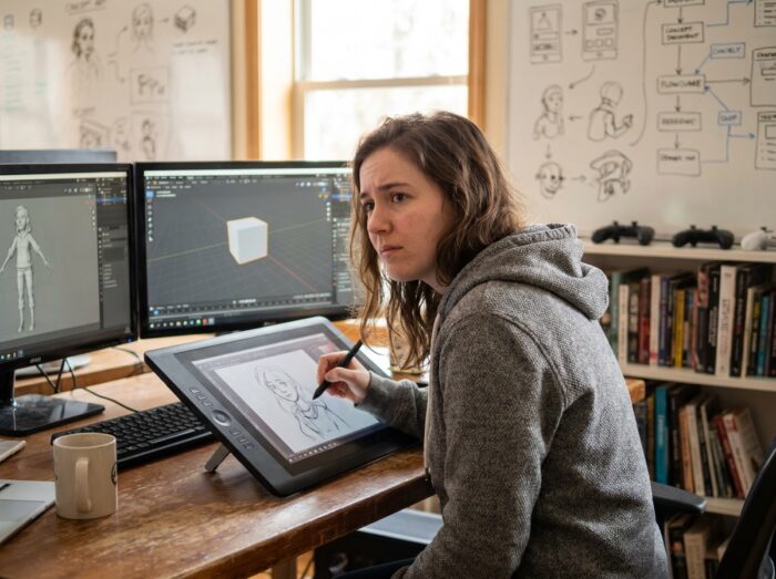 Étudiante en game design travaillant sur une tablette graphique dans un espace de co-working dédié aux formations jeux vidéo