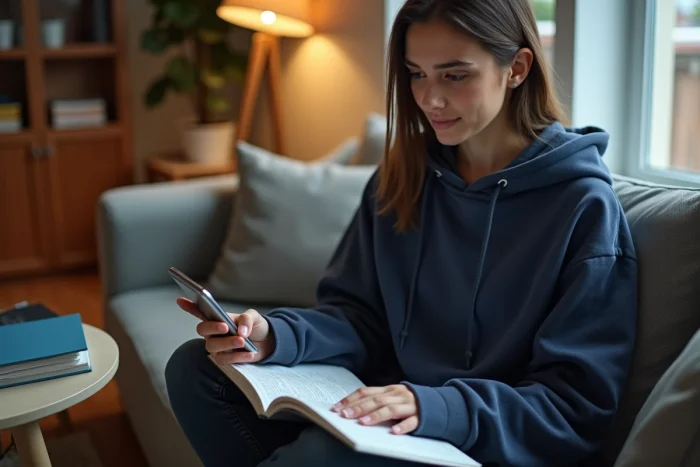 Étudiante consultant son smartphone pour résoudre un problème de messagerie académique Versailles depuis son appartement