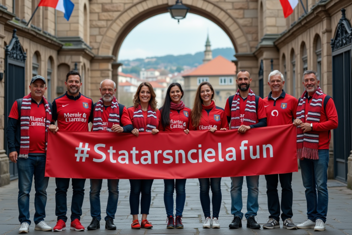 Groupe de supporters locaux devant un stade historique