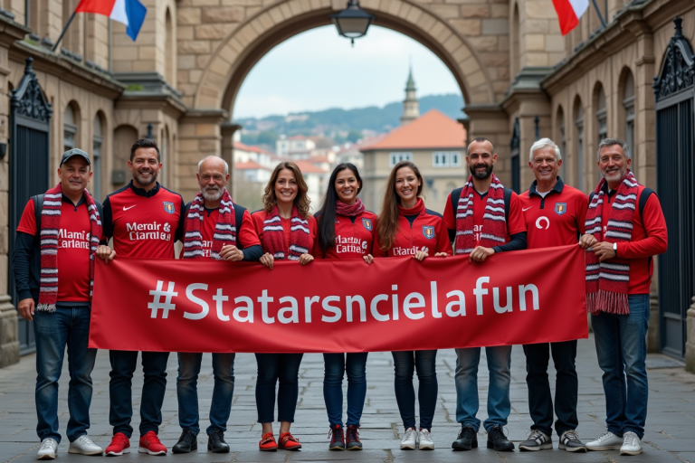 Groupe de supporters locaux devant un stade historique