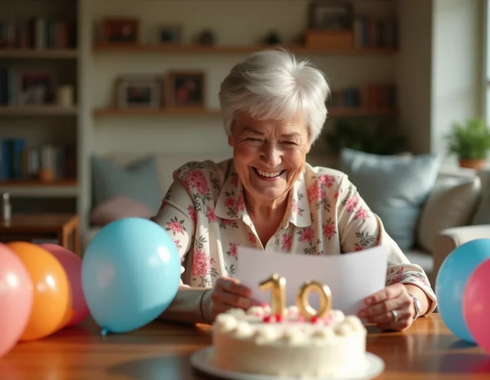 Femme de 70 ans souriante lisant un message d'anniversaire humoristique entourée de ballons et d'un gâteau d'anniversaire