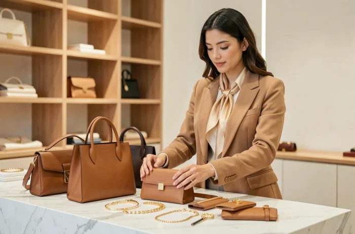 Femme élégante arrangeant des accessoires de mode en cuir et bijoux dorés sur un comptoir en marbre blanc dans une boutique minimaliste