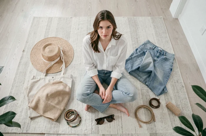 Jeune femme en tenue décontractée entourée d'accessoires du quotidien en vue de dessus sur un plancher en chêne clair dans un intérieur minimaliste scandinave