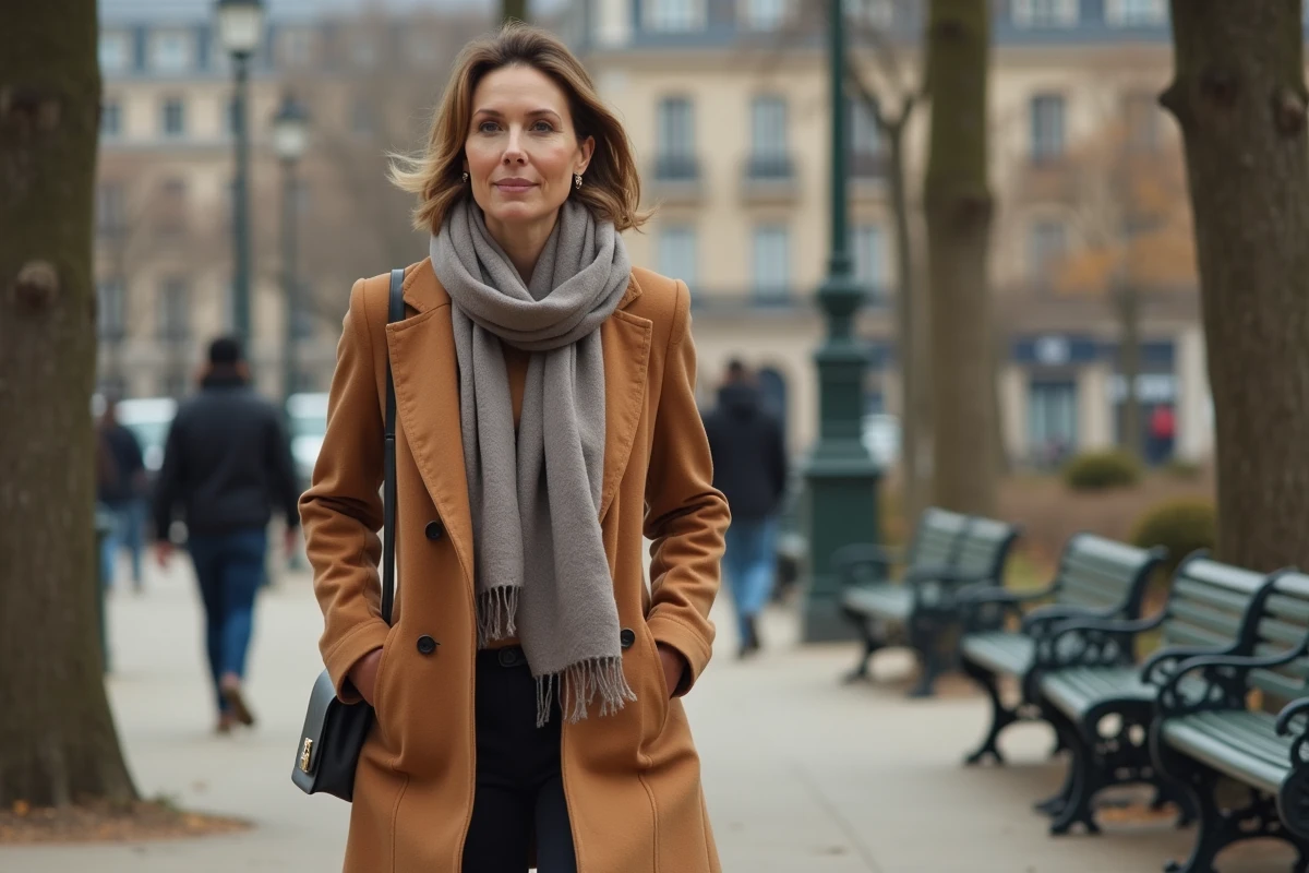 Femme en manteau dans un parc parisien en promenade