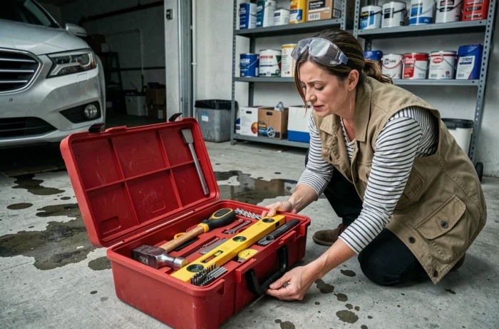 Femme bricoleur agenouillée devant une caisse à outils complète ouverte sur le sol d'un garage avec équipements de protection