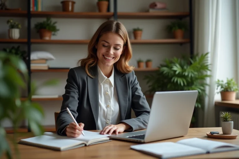 Femme souriante dans un bureau moderne et cosy