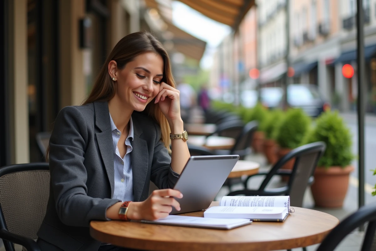 Jeune femme au café avec tablette et notebooks business